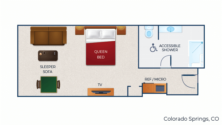 The floorplan for the accessible Queen Sofa Suite